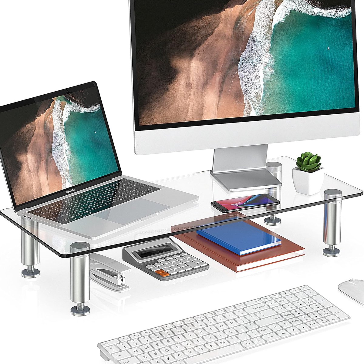 Famanu Monitorstandaard van glas - hoogte verstelbaar - geschikt voor PC en laptops - afmetingen 56 x 24 x 9,5 cm - duurzaam materiaal- stabiel en stijlvol - geschikt voor thuis en kantoor transparant