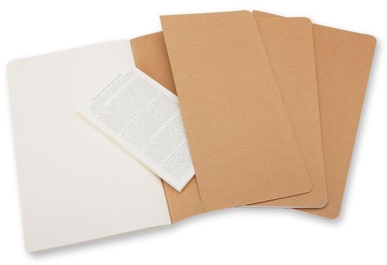 Open notitieboek met bruine insteekhoesjes met tekst en meerdere notitieboekjes.