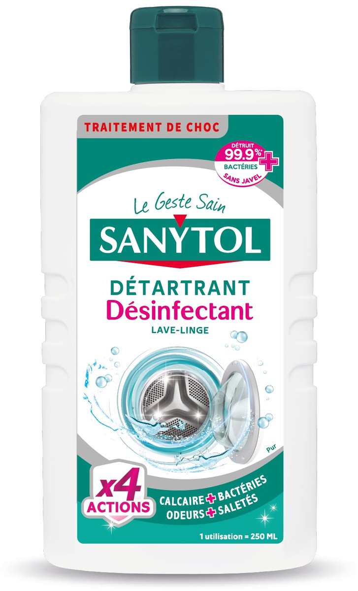 Sanytol Détartrant Désinfectant Lave-Linge – 250 ml – 4 Actions – Doodt 99,9% Bacteriën – Zonder Bleekmiddel