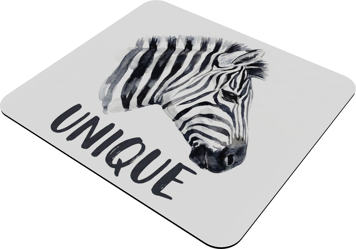Muismat Zebra met tekst Unique - Watercolor Dierenportret - 22x20 cm - Modern Design