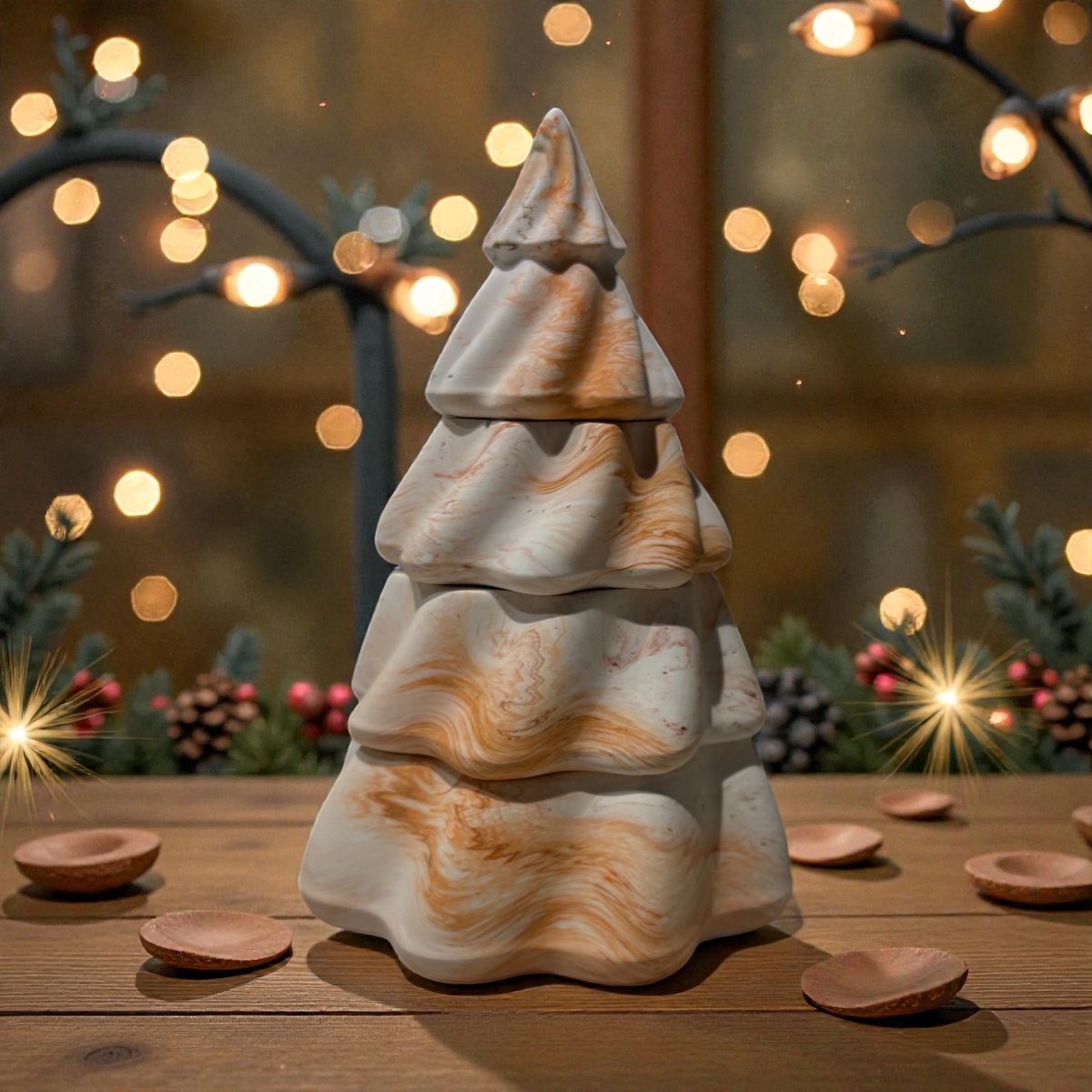 Bam Kerstboomkaars – 4-delige Set met 3 Geurkaarsen en Top – Sandalwood – Bruin-Oranje Gemarmerd – 18 cm - CHRISTMAS Collection bruin oranje gemarmerd