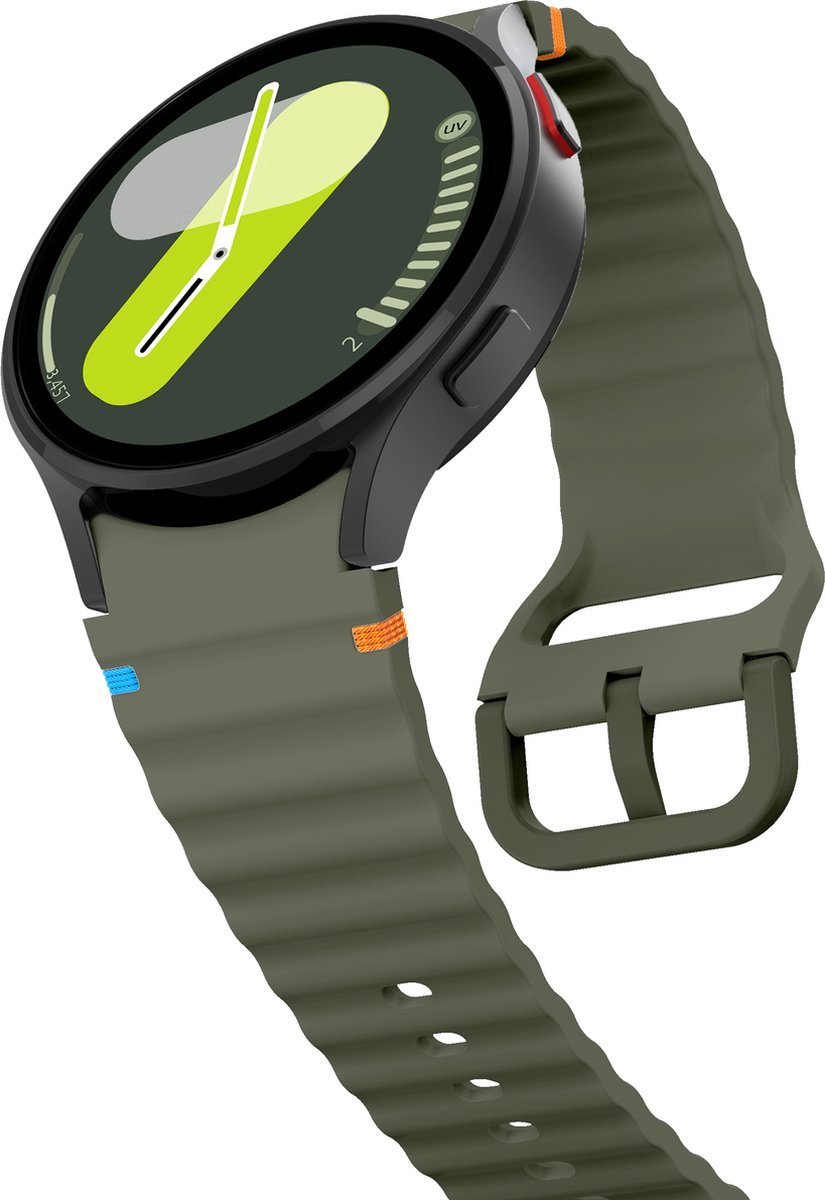Jumada's - Siliconen Wave bandje Legergroen - Geschikt voor Samsung Galaxy Watch 4, 5, 6 & 7 - Flexibel Sportbandje