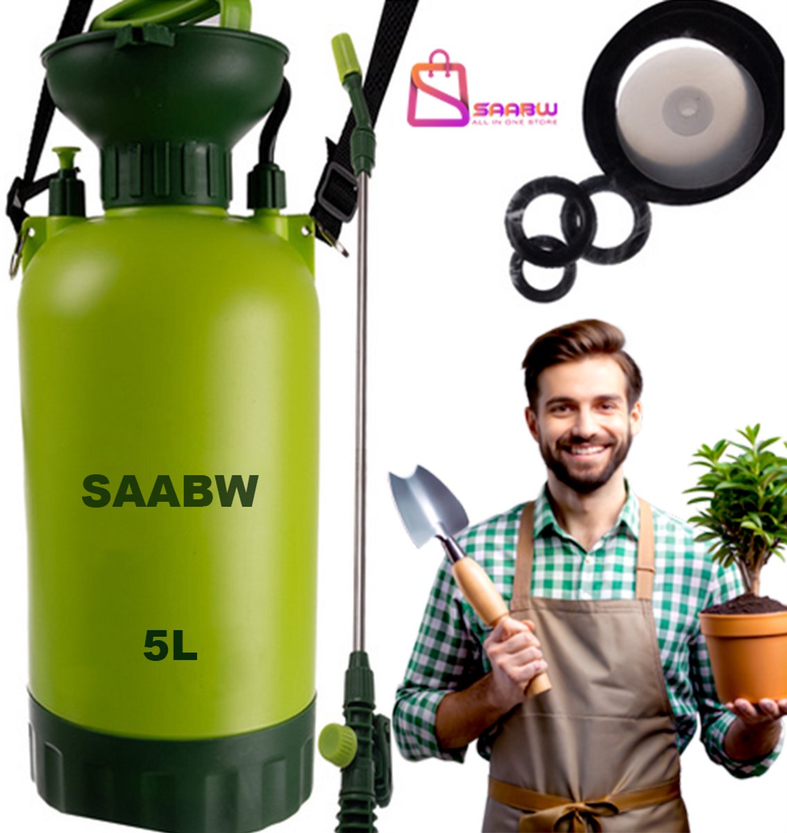 Tuin Drukspuit 5L met Lange Lans en 150cm Slang – Handdruk Vernevelaar met Draagriem – drukspuit – Groen - 55776