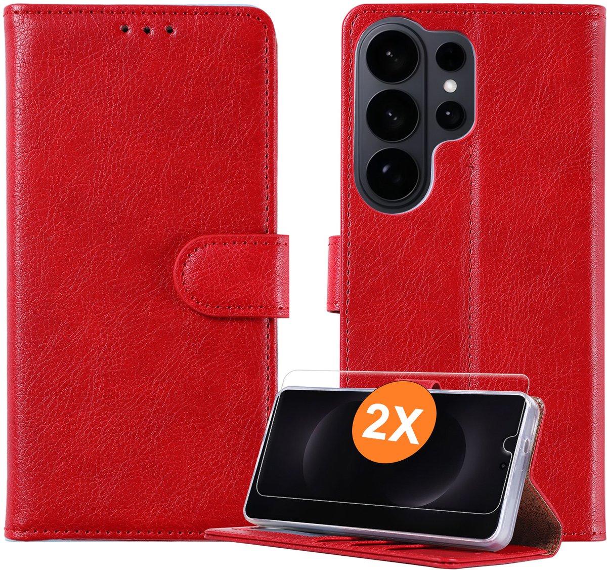 Hoesje geschikt voor Samsung Galaxy S26 Ultra 5G hoesje Rood pasjeshouder telefoon hoes - Met screenprotector tempered glass voor Galaxy S26 Ultra 5G - 2x