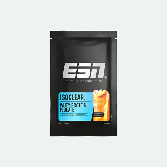 Zwarte verpakking ESN Isoclear Whey Protein Isolate, smaak perzik-ijsthee, 30g, lactosevrij en suikervrij.