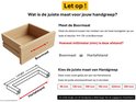 Illustratie die uitlegt hoe de boormaat van een lade wordt gemeten en hoe deze overeenkomt met de hartafstand van een handgreep.