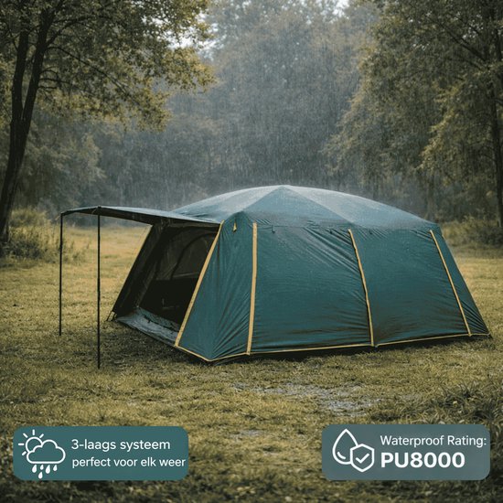 Groene 6-persoons tent met gele accenten, opgezet in de regen. PU8000 waterdicht.