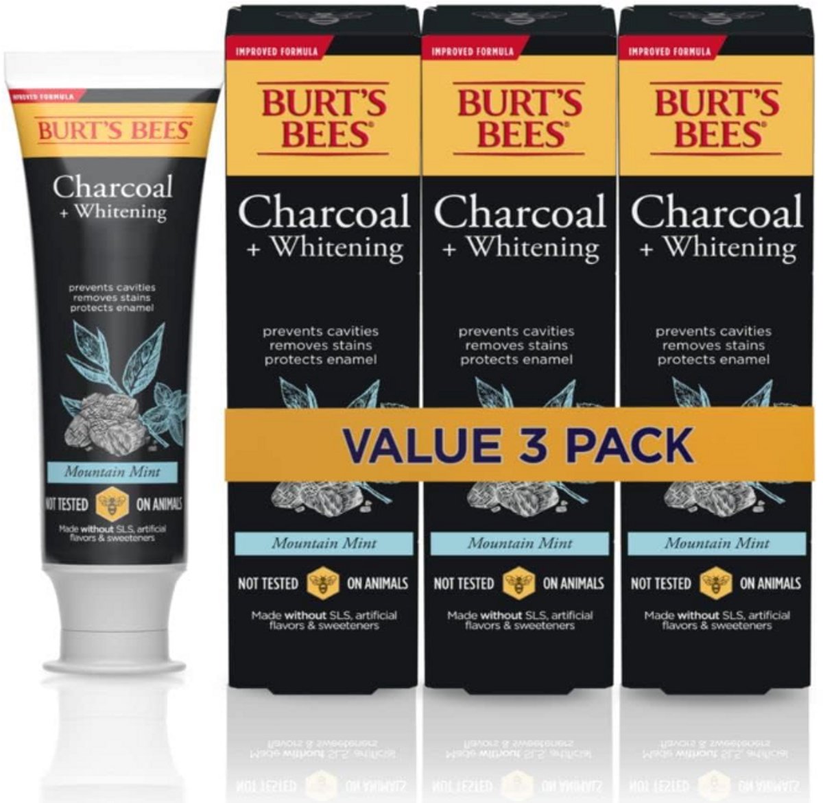 Burt’s Bees Natuurlijke Whitening Tandpasta Charcoal met Fluoride – Mountain Mint – 133g (3-Pack)