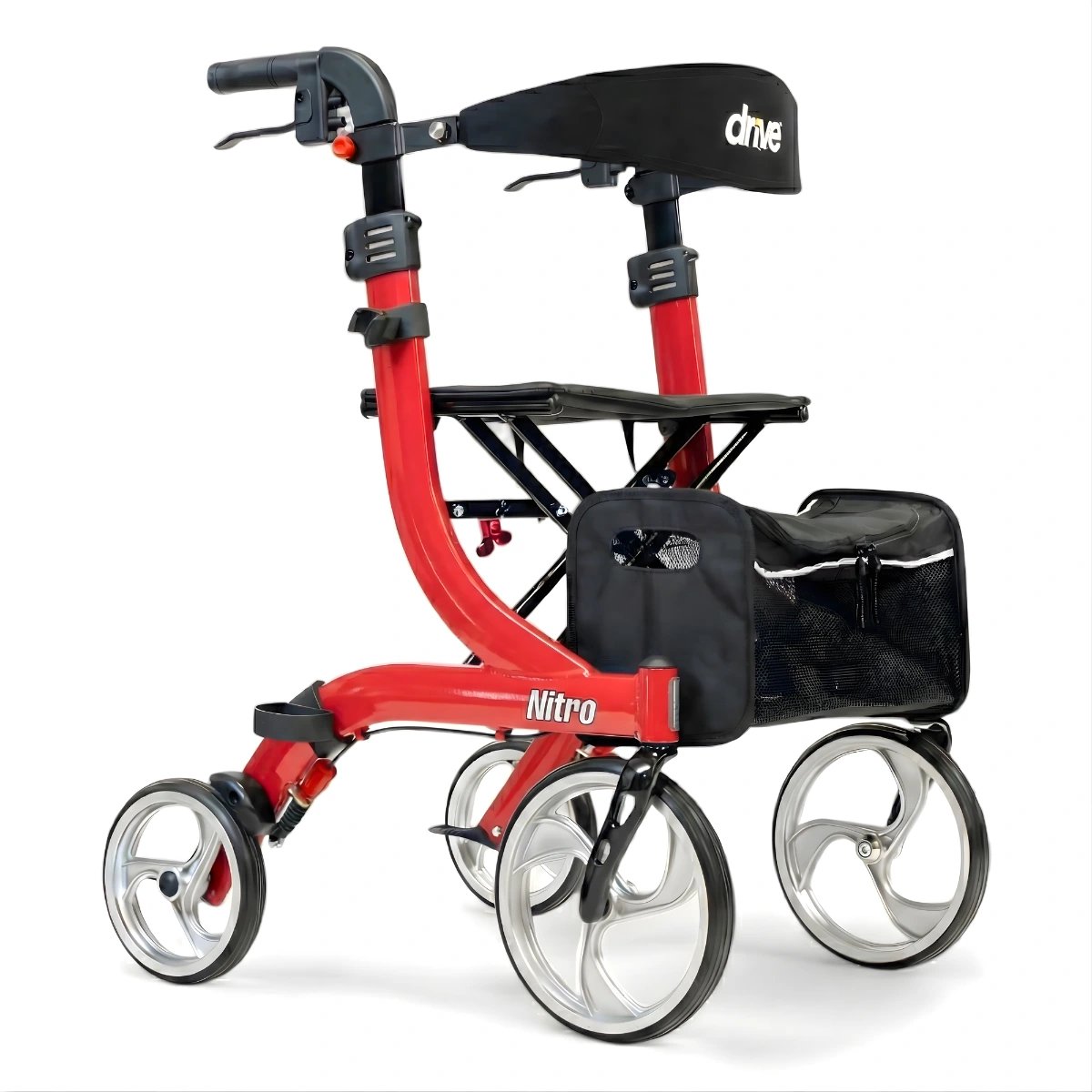 Rollator Nitro Small - Rood - 1.50m tot 1.60m - Opvouwbaar - Lichtgewicht - Weggewerkte remkabels - Grote voorwielen - Eenvoudig in hoogte verstelbaar - Inclusief rugsteun en stokhouder