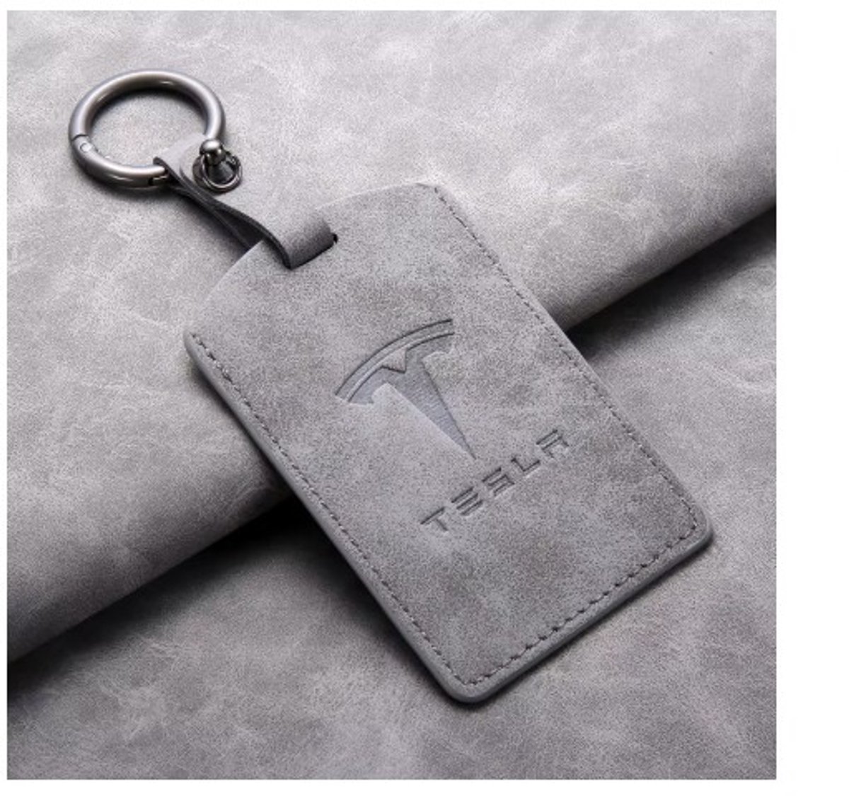 Tesla Kaarthouder Sleutelhanger - Lederen Bescherm Case - Pashouder - Geschikt voor Tesla Model 3 / Model Y / Model S / Model X - Grijs