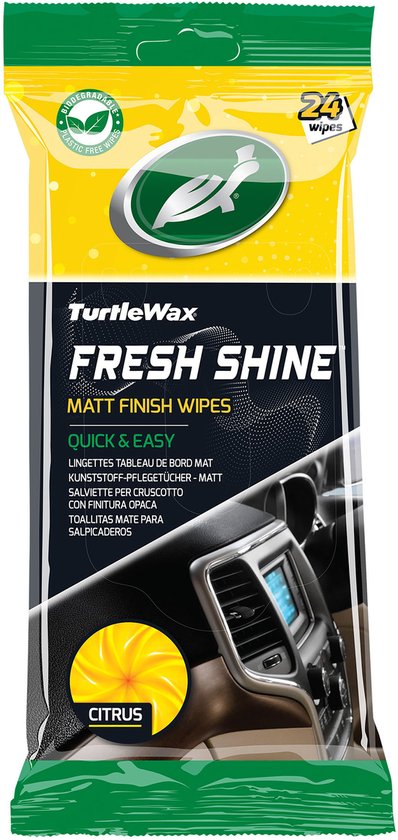 Paquet de lingettes Turtle Wax Fresh Shine Matt Finish avec image d'agrumes, pour plastiques intérieurs.