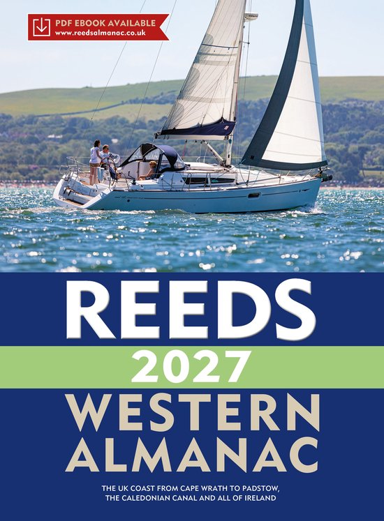 Reeds Western Almanac 2027: zeilboot met twee personen aan het roer, blauwe en witte zeilen.