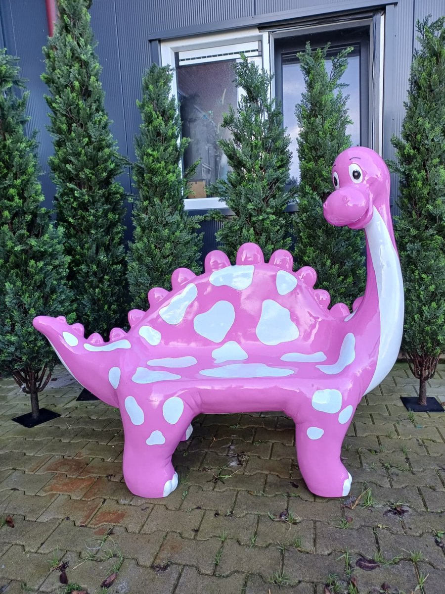 Dino Tuinbank Roze / Wit - Gelamineerd Polyester - 160 cm Groot – Uniek Dinosaurus Decoratiebeeld & Kinderbankje voor Binnen en Buiten - speeltuin - speelparadijs - tuin - themapark - Dinosaurus