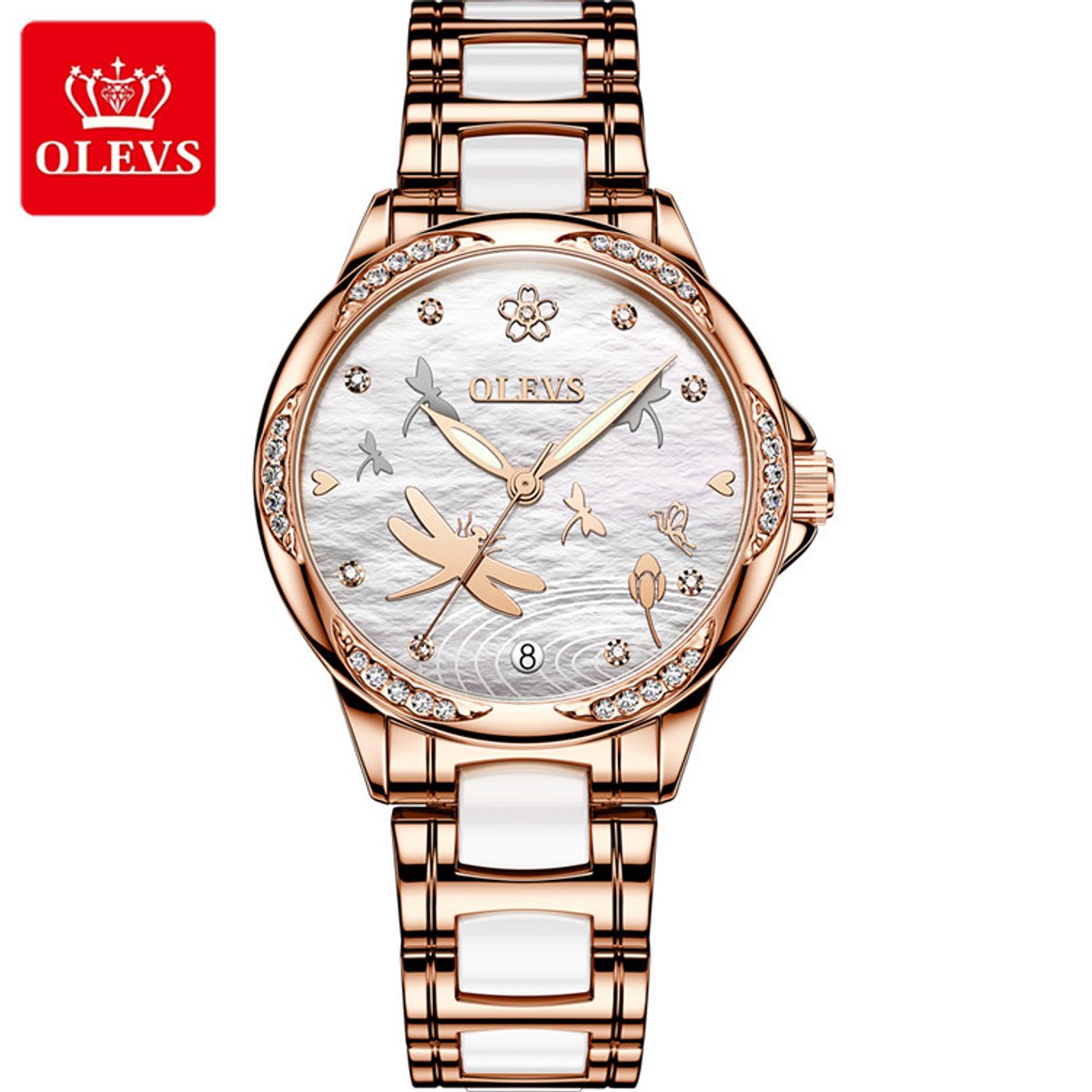 HO-6610.rs-wi : Olevs roségoudkl libelle tourbillon-mechanisch keramisch-edelstaal dames horloge, zilverwitte wijzerplaat, luminiscerend, kalenderdag, rhinestone
