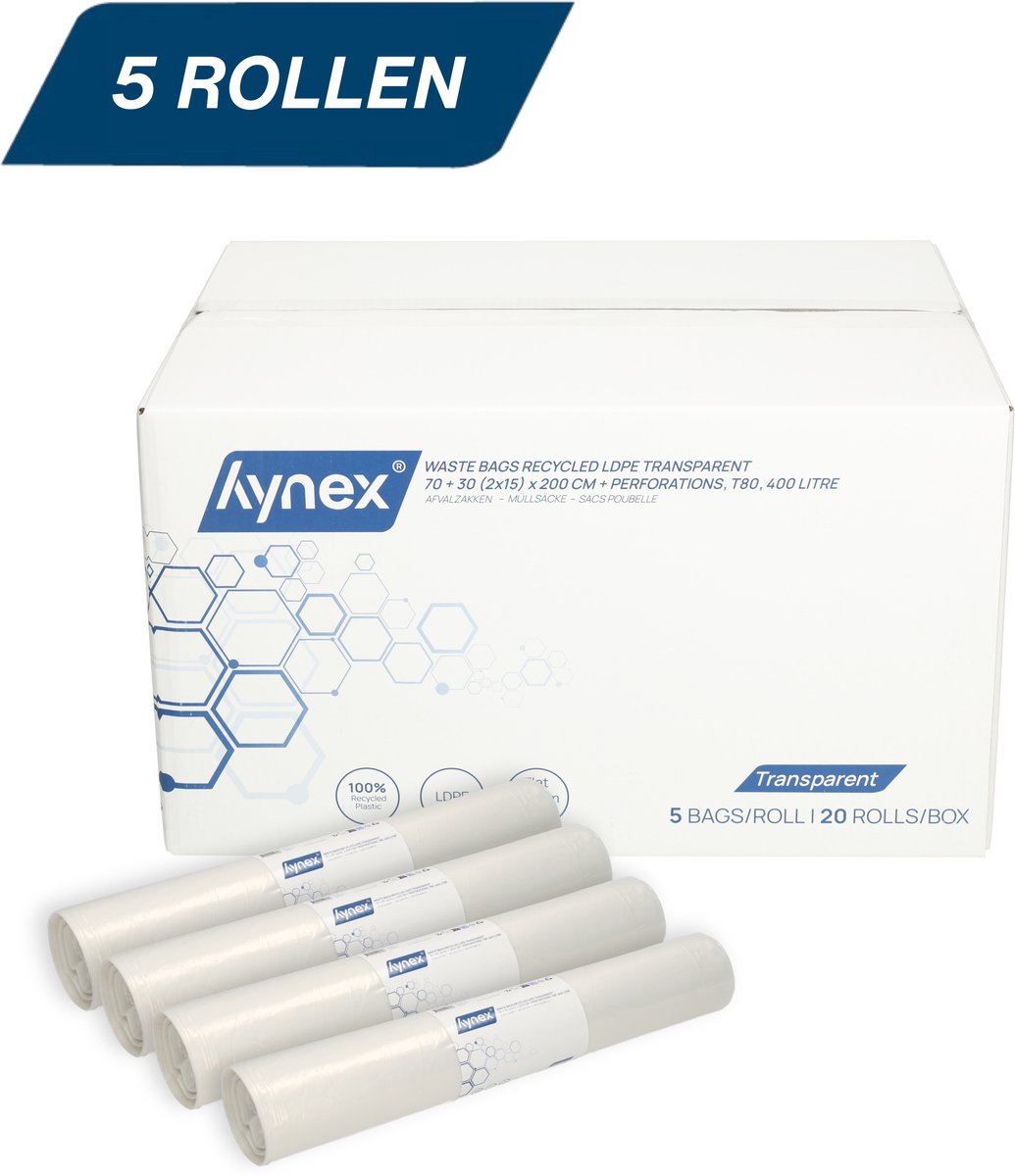 Hynex Containerzakken 400 Liter - 100 stuks - Afvalzakken met ponsgaten - Gerecycled LDPE - T80 - 70+30(2x15)x200cm - 5 rollen x 20 stuks - Transparant