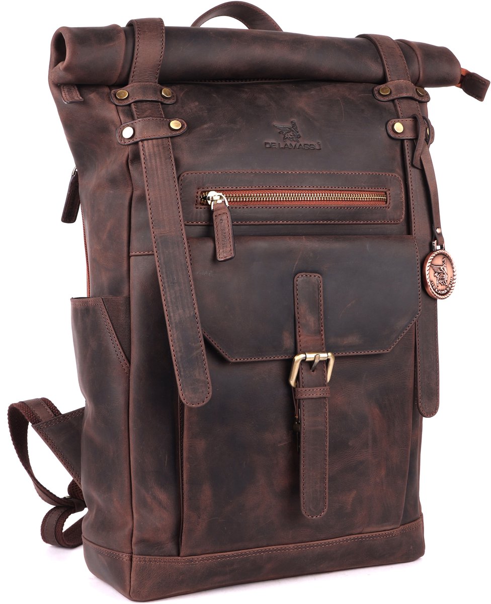 DE LAMASSU® Tobias Leren Rolltop Rugzak 17 inch – Unisex Laptop Rugtas van Echt Leer – Vintage Business Backpack met Veiligheidsvak