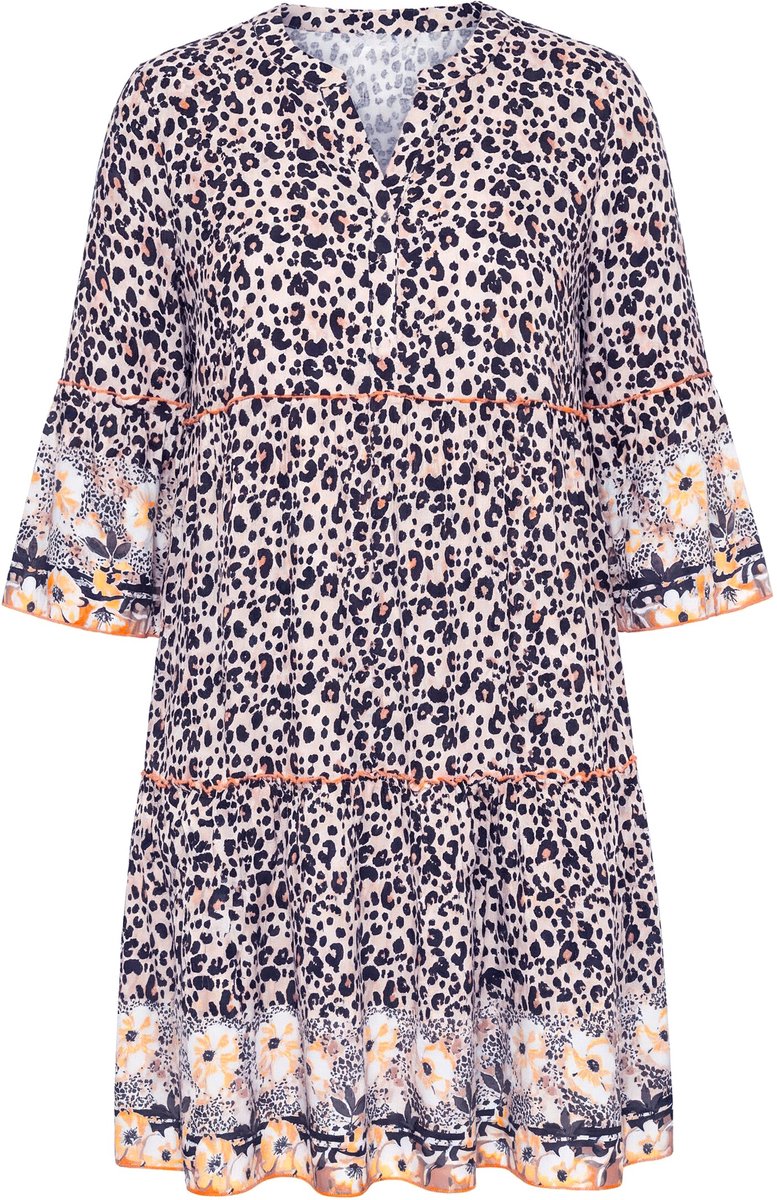 Angel of Style - Dames - Jurk A-lijn luipaardpatroon gekleurde siernaden volants - Linnen - Maat 46