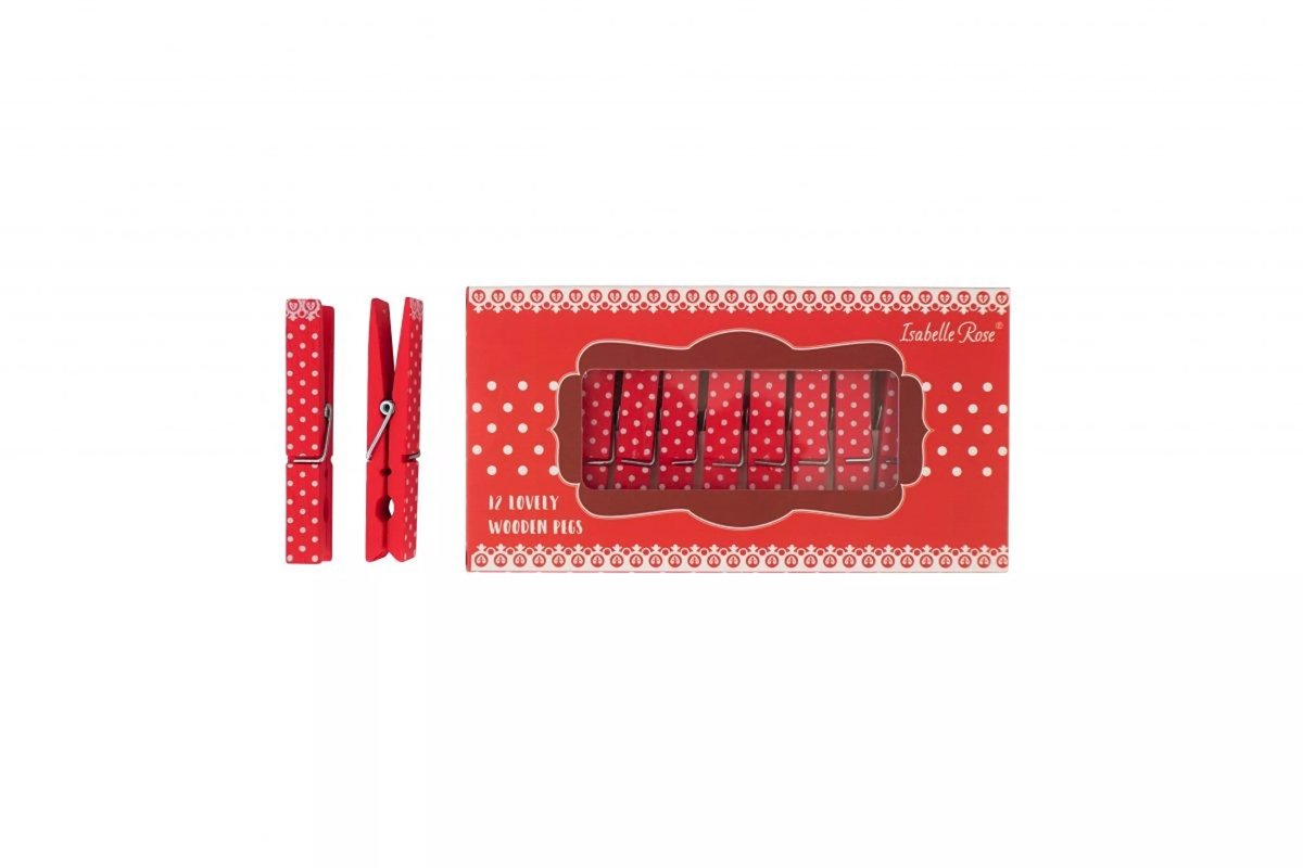 Isabella Rose - grote houten wasknijpers - 12 stuks - rood met witte stippen