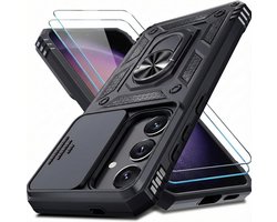 Casemania Coque et Verre Compatible avec Samsung Galaxy A37 - Noir - Anti-Shock Hybrid Armor Back Cover - Coque avec Béquille Anneau et Protection Caméra + 2x Protecteur d'écran en Verre Trempé
