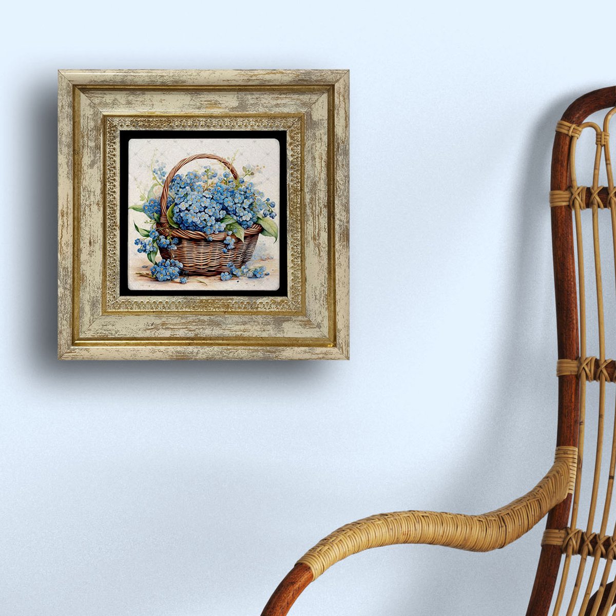 Artlijn Blauwe Bloemen in Mand – Natuursteen Wanddecoratie – Travertin Steen Art Print – Vergeet-mij-nietje Illustratie