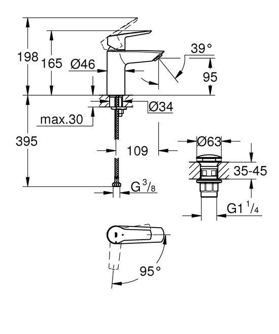 Technische tekening met afmetingen van de wastafelkraan en de push-open afvoer.