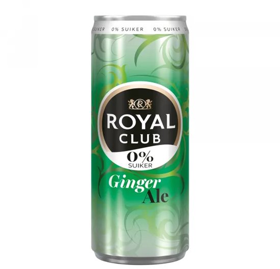 Blik met Royal Club Ginger Ale 0% suiker, groen met witte en gele patronen.