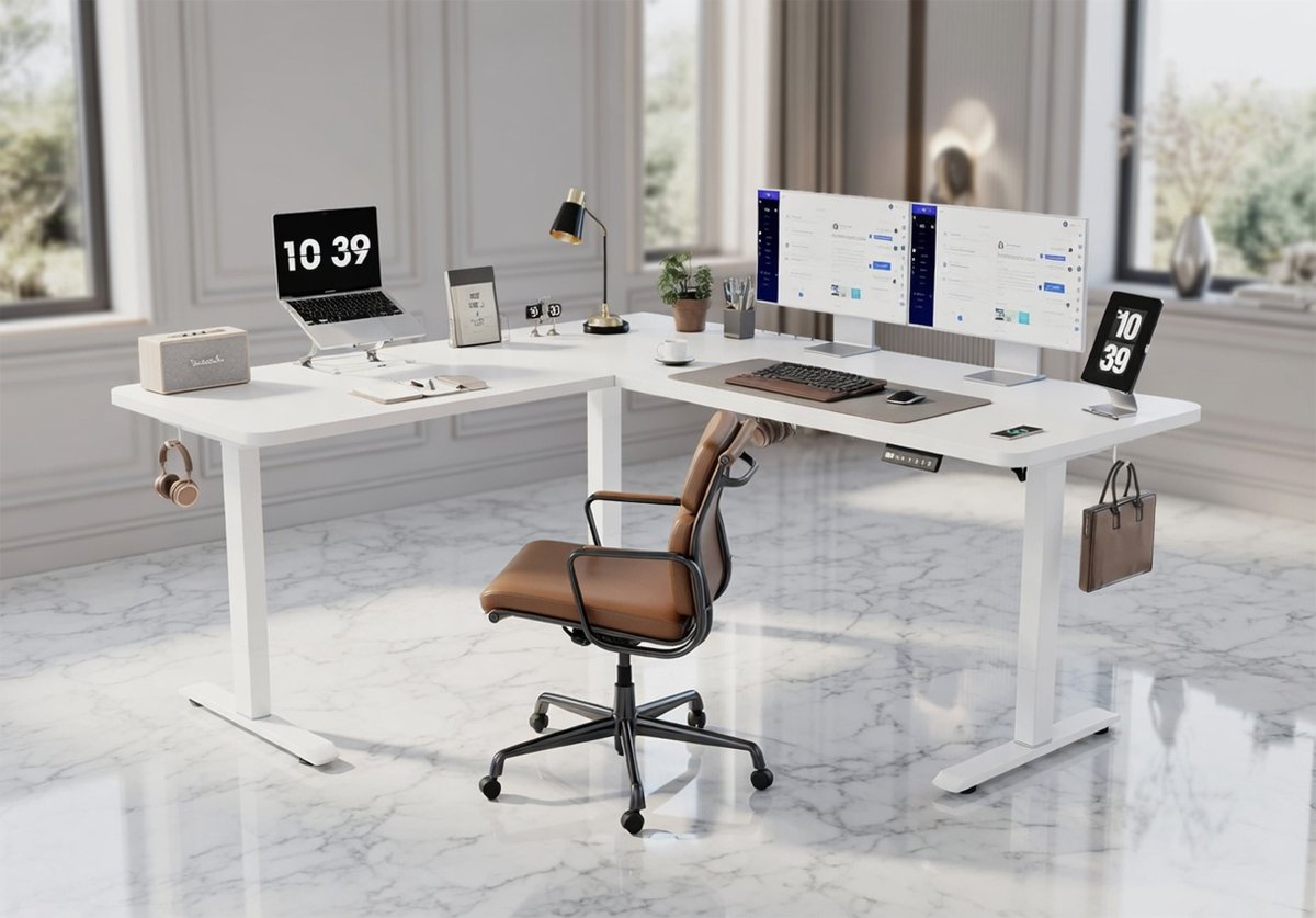 Elektrisch In Hoogte Verstelbaar L-Vorm Bureau – Ergonomisch Sta-Zit Hoekbureau 160x140 cm – Thuiswerk, Gaming & Kantoor – Wit, Stabiel Stalen Frame, Met Geheugenfunctie en Kabelmanagement House&Garden