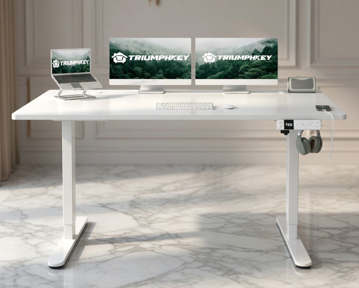 Elektrisch Verstelbaar Bureau 140x80 cm – Staand Bureau met Type-C Oplaadpoort, Kabelmanagement, 3 Geheugenposities en Anti-Collision Systeem – Modern Wit, Ergonomisch Werkplek Bureau House&Garden
