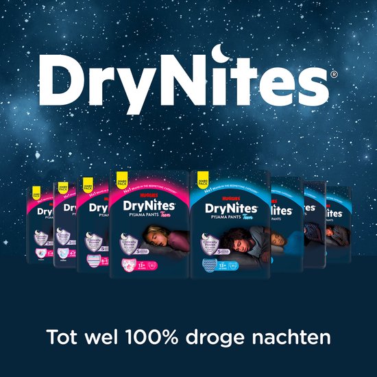 Collage van Huggies DryNites Pyjama Pants Teen verpakkingen, met de tekst 'Tot wel 100% droge nachten'.