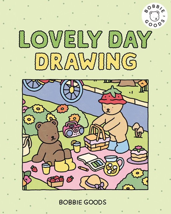 Kinderboek 'Lovely Day Drawing' met tekening van beren op een picknick, met bal, fiets en muziekspeler.