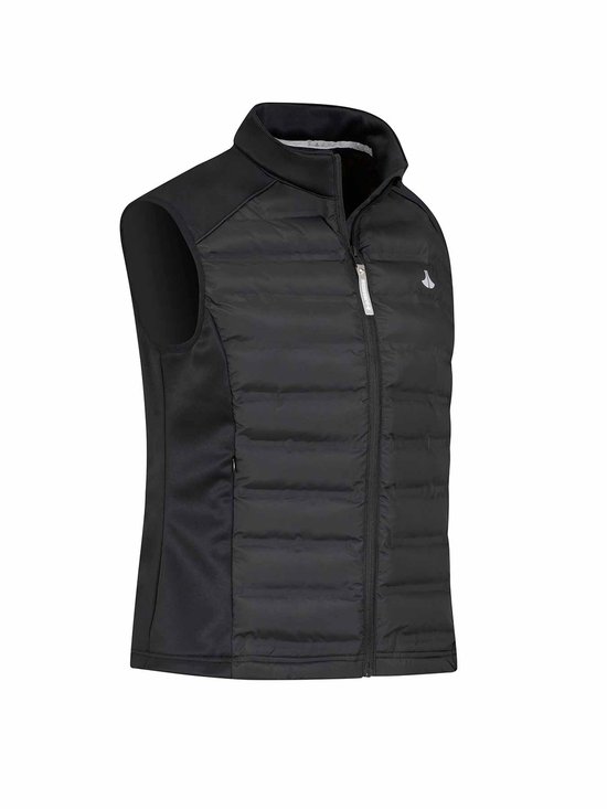 Zij-aanzicht van een zwarte, gewatteerde bodywarmer voor dames van Bjørnson met ritssluiting.
