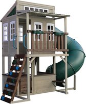 KidKraft Cozy Escape Houten Speeltoren met Tunnelglijbaan, Klimwand en Speelkeuken - Klimtoren voor Buiten - 2-Verdiepings Speeltoestel Tuin - Grijs