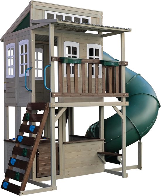 KidKraft Cozy Escape Speeltoren met glijbaan – Twee verdiepingen klimtoren voor buiten met tunnelglijbaan, klimwand & speelkeuken