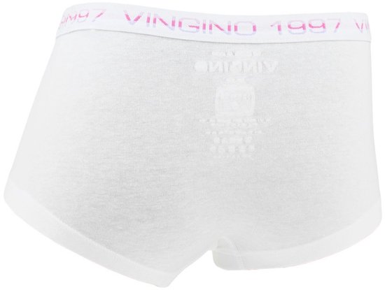 Witte Vingino boxer met witte, roze en paarse glitter tailleband met 'Vingino 1997' logo.