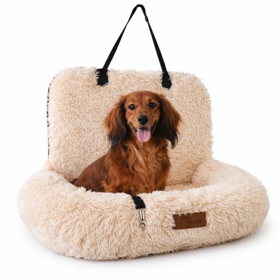 By Cee Cee Car Seat Dog Deluxe - Panier de voiture pour chien avec ceinture - Panier de voiture pour chien - Siège pour chien - Siège de voiture - Beige