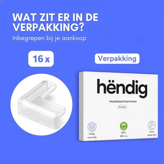 Verpakking met 16 hoekbeschermers, met Hëndig logo en keurmerken