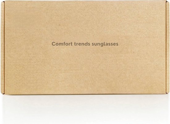 Bruine kartonnen verpakking met de tekst 'Comfort trends sunglasses'.