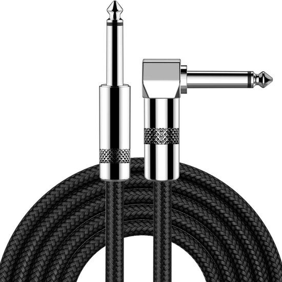 Zwarte kabel met haakse en rechte 6,35mm pluggen, zilverkleurige details met ruitpatroon.