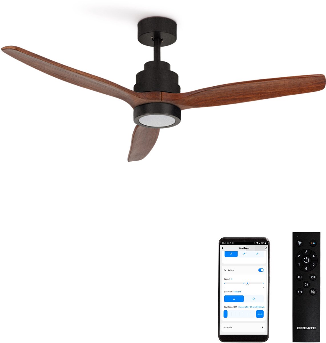 CREATE - Stille plafondventilator van 40 W met technische ABS-bladen, verkrijgbaar in verschillende maten - S - Met licht - WIFI - WIND STYLANCE