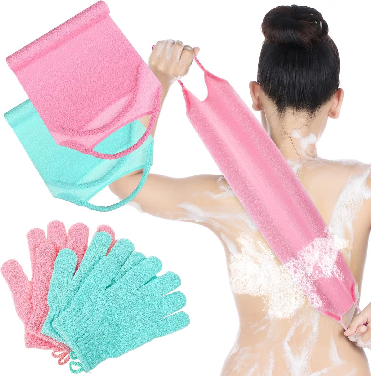 4-Delige Set Exfoliërende Douche- en Badaccessoires - Rugschrobber en Scrubhandschoenen