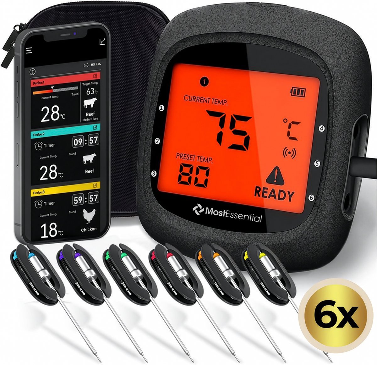 MostEssential PRO-3 Digitale Vleesthermometer - BBQ Thermometer - App - Bluetooth 5.0 - 100M Bereik - Inclusief 6 Meetsondes & Luxe Opberghoes