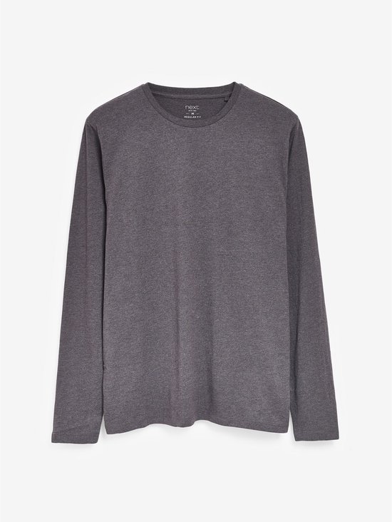 Studiofoto van een grijs T-shirt met lange mouwen en ronde hals, reguliere pasvorm.