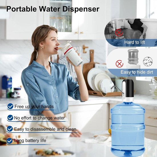 Drinkwaterpomp - Elektrische waterpomp - Zwart - Automatische watervuller - USB oplaadbaar - Waterflespomp - voor thuis, kantoor, kamperen, reizen - Draagbare waterpomp van Tech12i — afbeelding 2