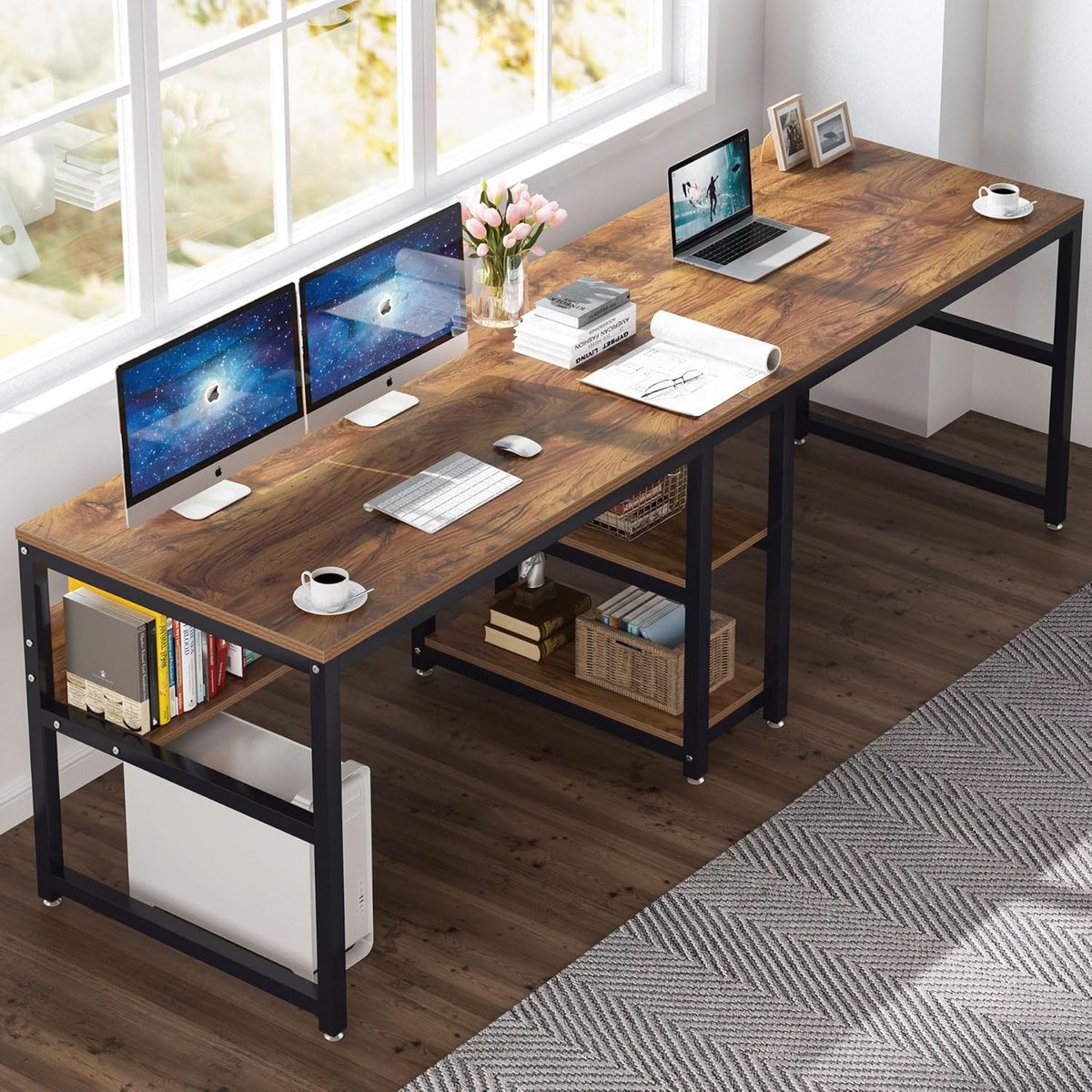 Dubbel Bureau 200x60x75 cm voor 2 Personen – Extra Lang Industrieel Computerbureau met Opbergrek en Boekenkast – Vintage Bruin Zwart – Thuiskantoor Werktafel – Laura