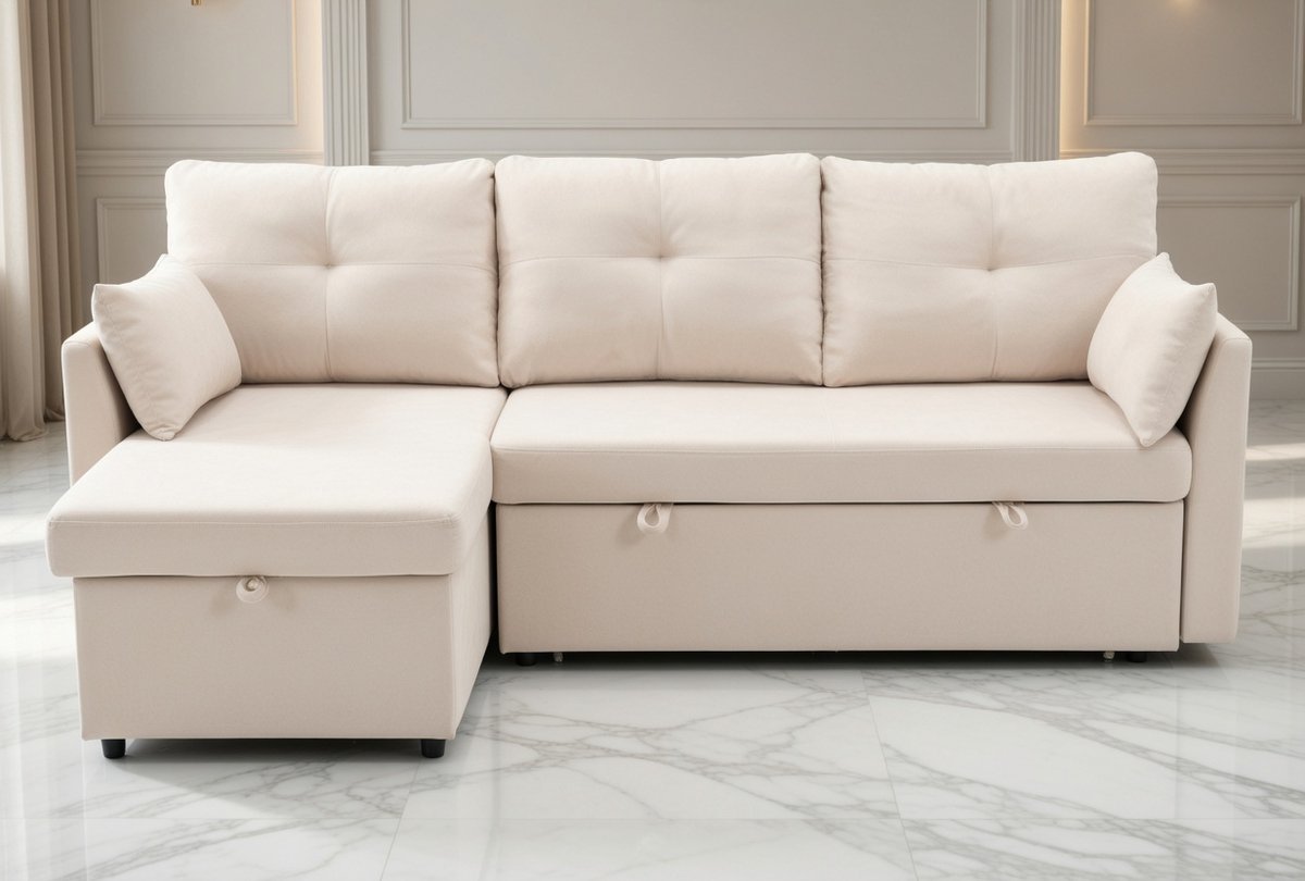 L-Vormige Modular Fluwelen Bank met Slaapfunctie en Opbergruimte – Reversibele Chaise Lounge – Moderne 3-Zits Sofa voor Woonkamer, Appartementen en Gasten – House&Garden