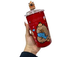 Metalen Drinkbeker met Deksel & RVS Rietje – Capybara Kawaii Design – Duurzame BPA-vrije Tumbler Cadeau Kinderen Tieners