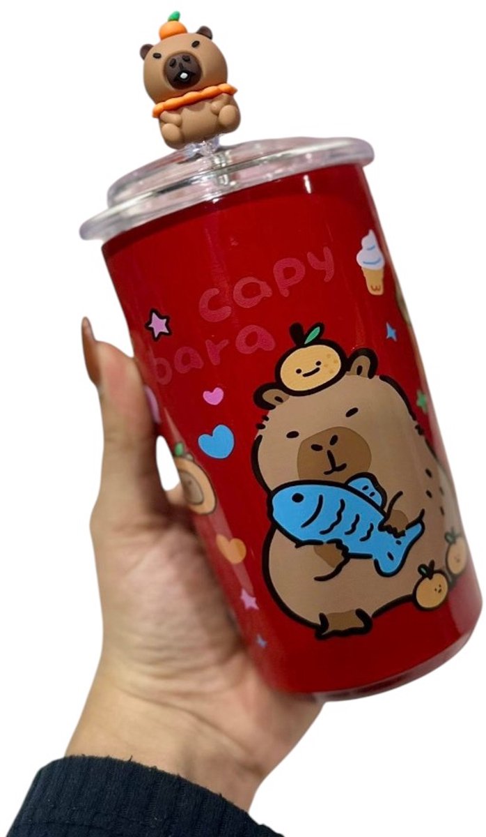 Metalen Drinkbeker met Deksel & RVS Rietje – Capybara Kawaii Design – Duurzame BPA-vrije Tumbler Cadeau Kinderen Tieners