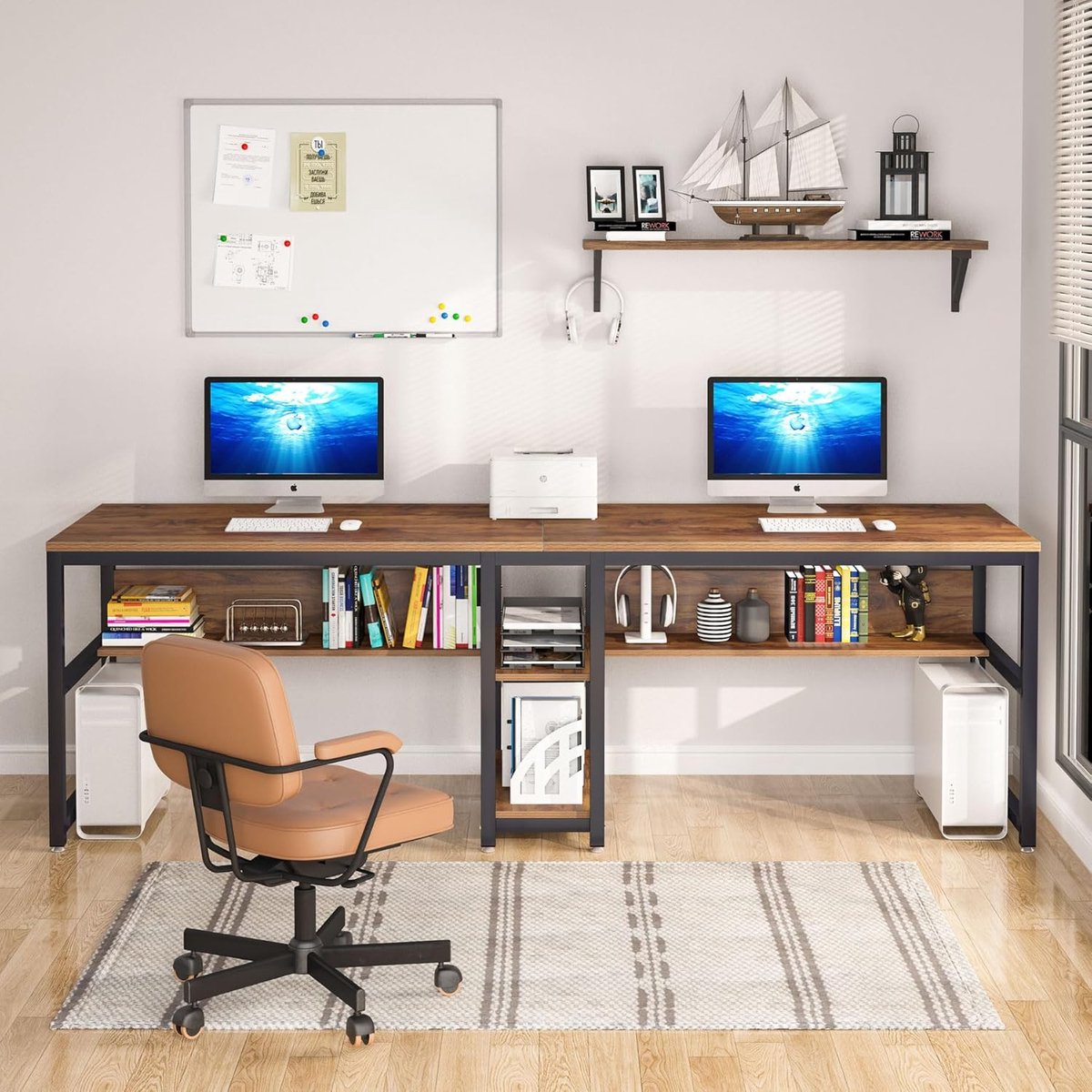Dubbel Bureau 200x60x75 cm voor 2 Personen – Extra Lang Industrieel Computerbureau met Opbergrek en Boekenkast – Vintage Bruin Zwart – Thuiskantoor Werktafel – Laura