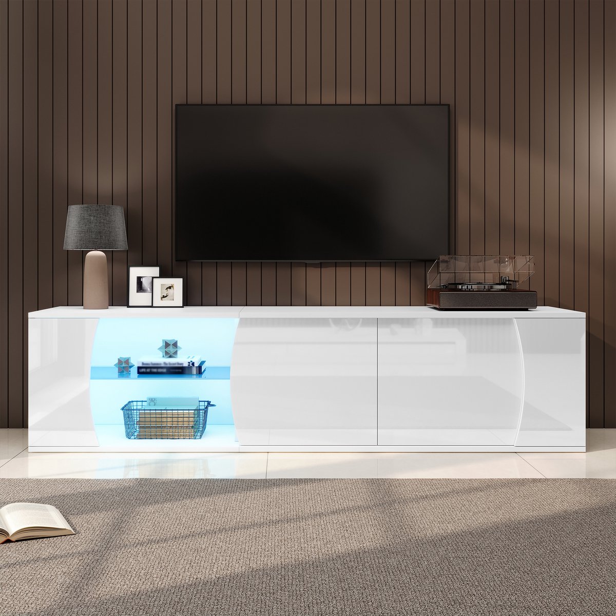 REDOM - TV-Meubel - Met 3 Deuren En LED-Verlichting - Vrijstaand - Hoogglans - Wit - 180 x