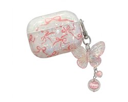 Wit transparant parelmoer hoesje voor oordopjes dames met roze strik patroon en vlinder hanger geschikt voor AirPods Pro 3 hardcase beschermhoes